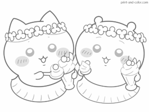Chiikawa coloring page characters Chiikawa Hachiware in leaf skirts share some ice cream