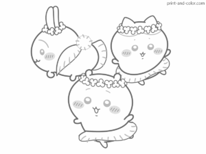 Chiikawa coloring page characters Chiikawa Hachiware Usagi dancing in leaf skirts